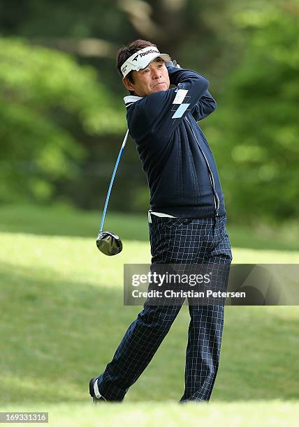 Joe Ozaki of Japan hits a tee shot on the fourth hole during Round One of the Senior PGA Championship presented by KitchenAid at Bellerive Country...