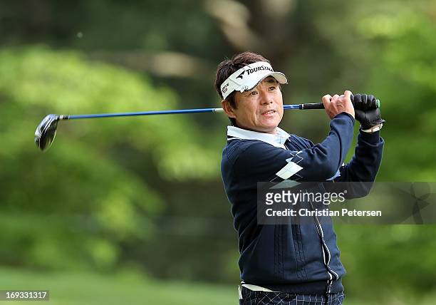 Joe Ozaki of Japan hits a tee shot on the fourth hole during Round One of the Senior PGA Championship presented by KitchenAid at Bellerive Country...