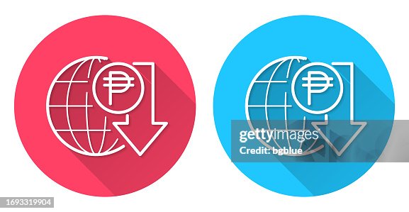 Peso rate decrease. Round icon with long shadow on red or blue background Peso rate decrease. Round icon with long shadow on red or blue background