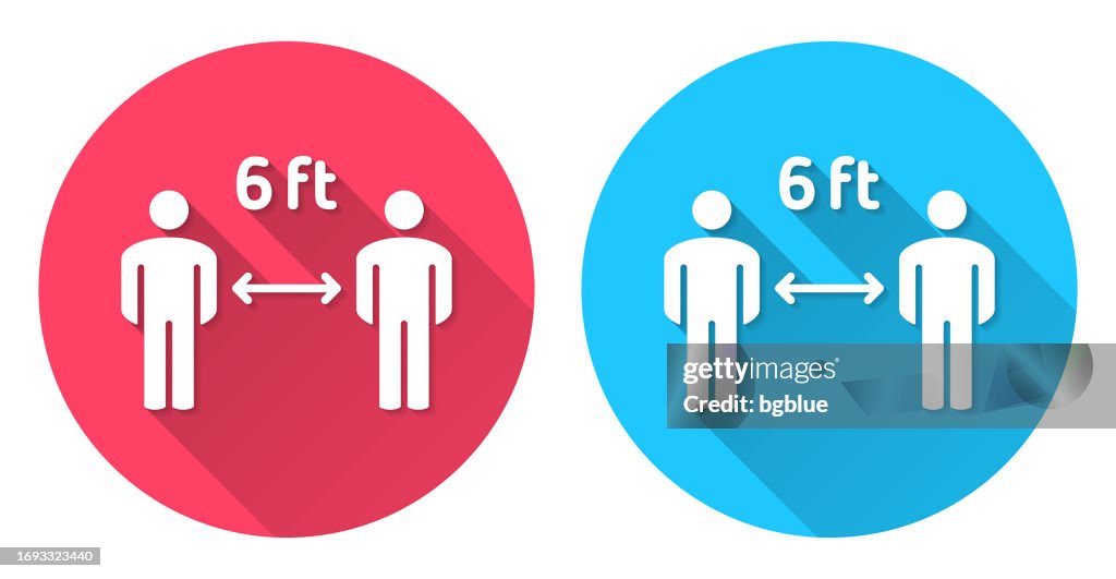 Social distancing - 6 feet. Round icon with long shadow on red or blue background