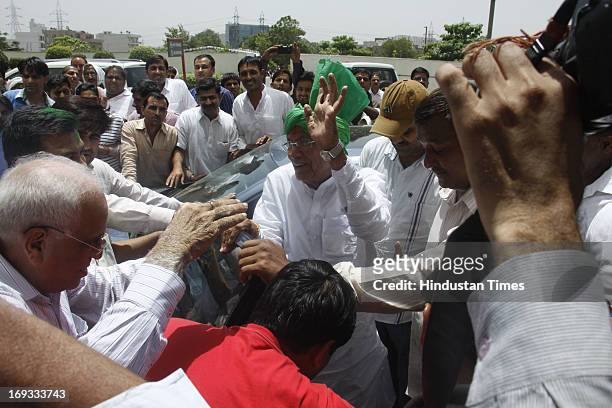 Former Haryana Chief Minister and INLD chief Om Prakash Chautala greeted by his supporters at Medanta Hospital where he will undergo treatment on May...