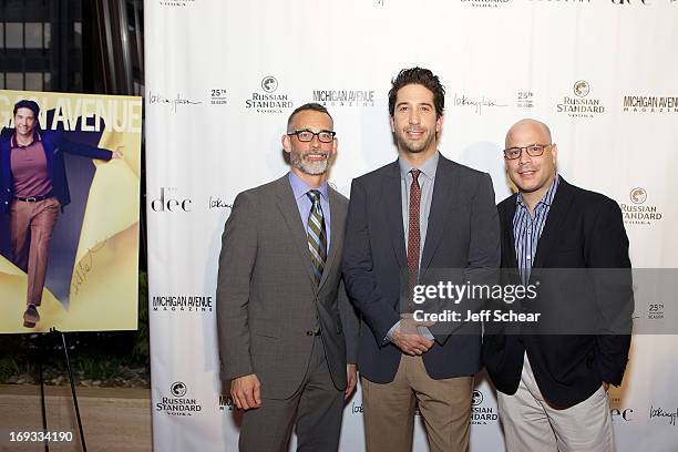 Editor in Chief J.P. Anderson, David Schwimmer and President and Publisher Dan Uslan attend Michigan Avenue Magazine Celebrates Cover Star David...