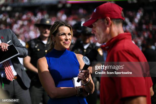 Fox Sports Big Noon Kickoff side line reporter Jenny Taft interviews Oklahoma head coach Brent Venables following a college football game between the...