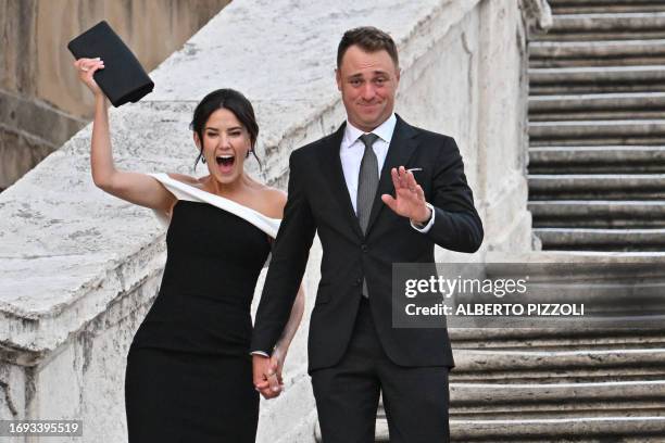 Golfer, Justin Thomas and his wife Jillian Wisniewski arrive for an official photo of the teams on the Spanish Steps ahead of the 44th Ryder Cup at...