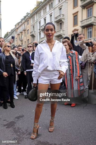 Yara Shahidi arrives at the Max Mara fashion show during the Milan Fashion Week Womenswear Spring/Summer 2024 on September 21, 2023 in Milan, Italy.