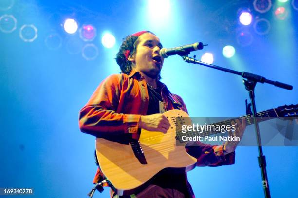 Colombian singer and guitarist Jorge Villamizar, from the Latin pop group Bacilos, performs on stage, Chicago, Illinois, May 20, 2003.