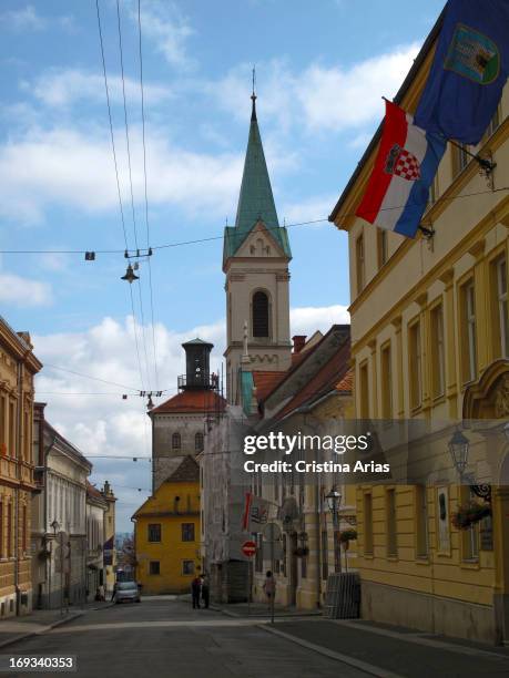 Street in the Upper Town , with the city, the church of Cirilometodska and the Tower of Thieves, Zagreb, Croatia.