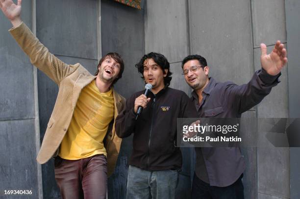 Portrait of Latin pop group Bacilos, Chicago, Illinois, May 20, 2003. Pictured are, from left, Brazilian bassist Andre Lopes, Colombian singer and...