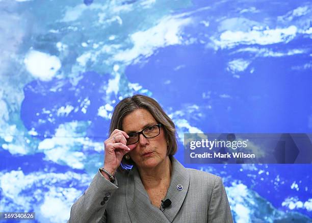 Kathryn Sullivan, Director National Oceanic and Atmospheric Administration , gives the 2013 Atlantic hurricane season outlook during a news...