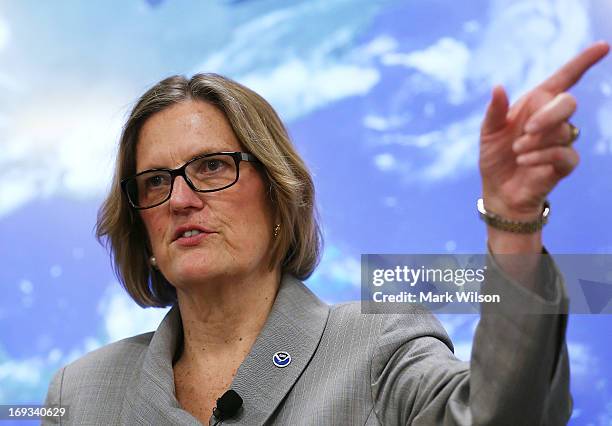 Kathryn Sullivan, Director National Oceanic and Atmospheric Administration , gives the 2013 Atlantic hurricane season outlook during a news...