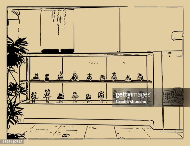 ausstellungstheke im holzschnittstil in der einzelhandelsszene - bar counter stock-grafiken, -clipart, -cartoons und -symbole