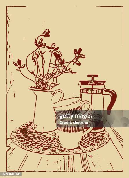 woodcut style still life flowers illustration background - printmaking technique stock illustrations