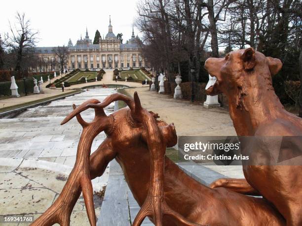 A dog chasing a deer in one of the sculptures on the top of the Cascade, one of the Fountains in the Gardens of the Royal Palace of La Granja de San...