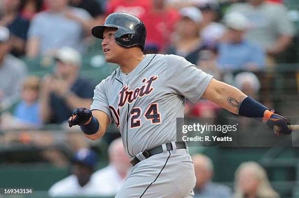 Miguel Cabrera of the Detroit Tigers hits against the Texas Rangers at Rangers Ballpark on May 16, 2013 in Arlington, Texas.