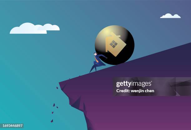 the business man worked hard to support the mortgage loan and prevent the iron ball from falling off the cliff. - cliff stock illustrations