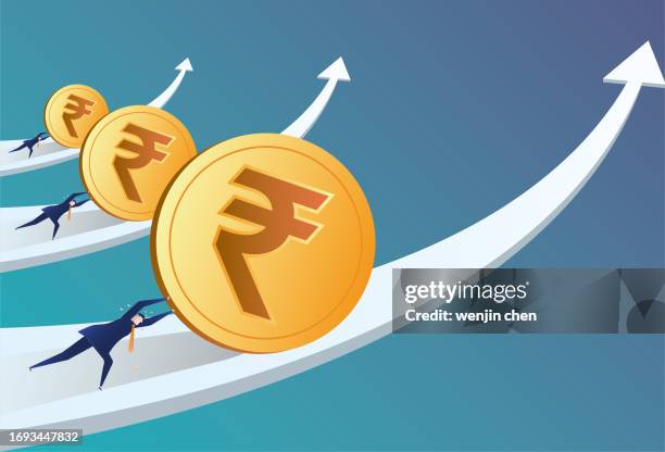 people push indian rupee forward on arrow, currency appreciates - rupee stock illustrations