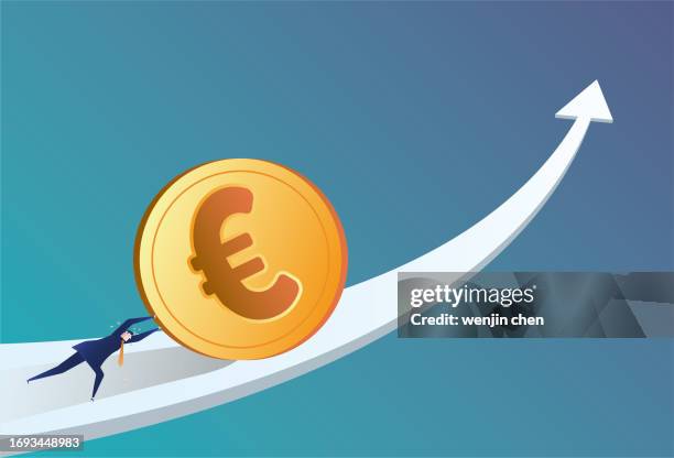 business man pushing euro forward on arrow, currency appreciation. - pushing forward stock illustrations