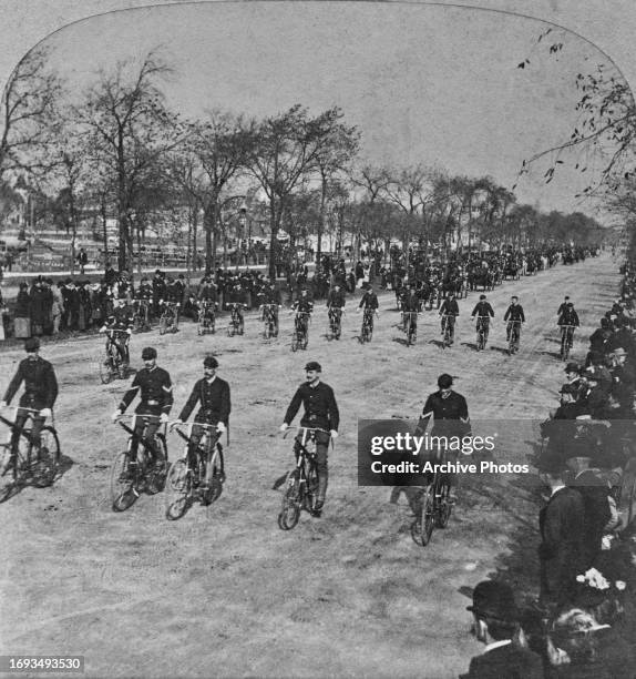 The Bicycle Club participate in the parade during the dedication ceremony of the World's Columbian Exposition, also known as the Chicago World's...