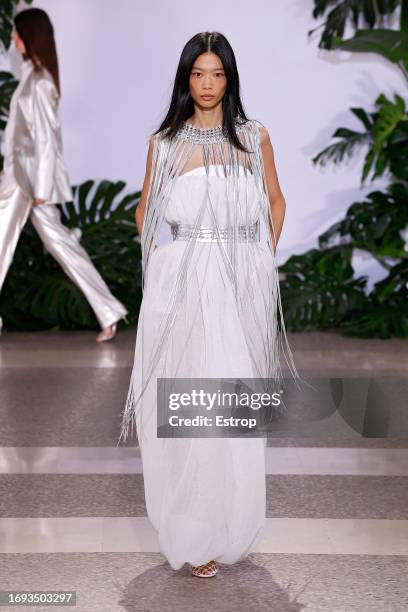 Model walks the runway at the Genny fashion show during the Milan Fashion Week Womenswear Spring/Summer 2024 on September 21, 2023 in Milan, Italy.