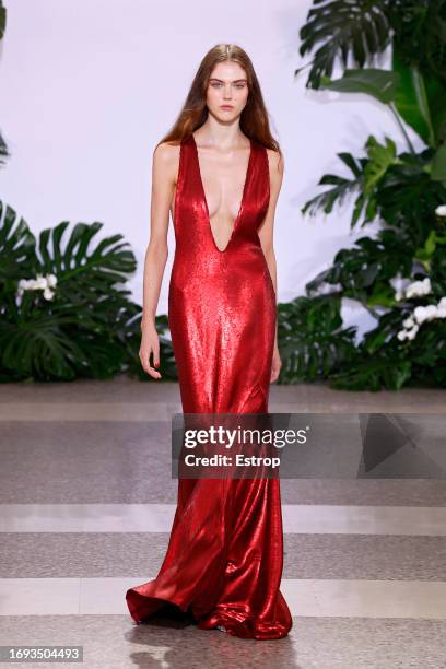 Model walks the runway at the Genny fashion show during the Milan Fashion Week Womenswear Spring/Summer 2024 on September 21, 2023 in Milan, Italy.