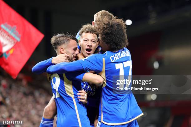 Kasey McAteer of Leicester City celebrates with his team mates after scoring to make it 0-1 during the Carabao Cup Third Round match between...