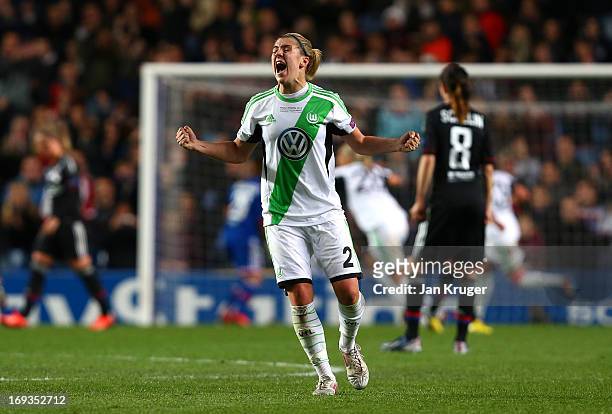 Luisa Wensing of VfL Wolfsburg celebrates the goal by team mate Martina Muller during the UEFA Women's Champions League final match between VfL...
