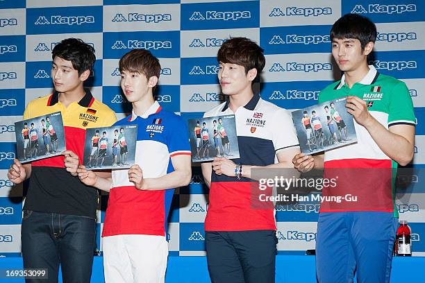 Jinwoon, Jo Kwon, Changmin and Seulong of South Korean boy band 2AM attend the autograph session for Kappa at Hyundai Department Store on May 23,...