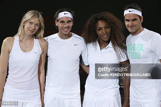 Tennismen and tennis women, Spanish Rafael Nadal , Swiss Roger Federer , Russian Maria Sharapova and US Serena Williams pose before performing for...