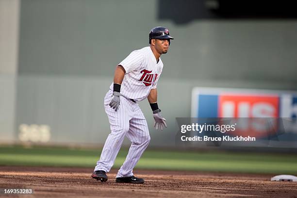 Wilkin Ramirez of the Minnesota Twins takes a lead off of second base against the Boston Red Sox on May 19, 2013 at Target Field in Minneapolis,...