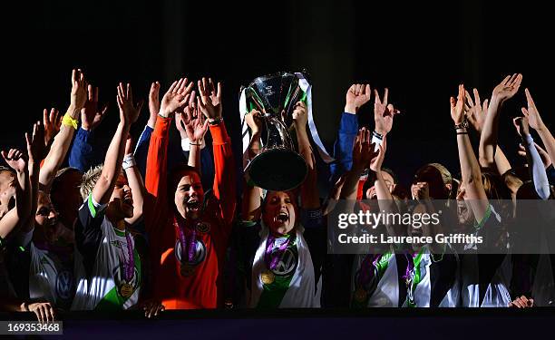 Nadine Kessler of VfL Wolfsburg lifts the trophy after victory in the UEFA Women's Champions League Final Match between VfL Wolfsburg and Olympique...