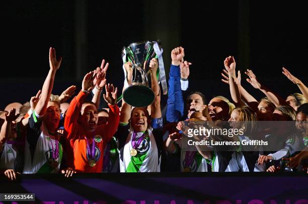 Nadine Kessler of VfL Wolfsburg lifts the trophy after victory in the UEFA Women's Champions League Final Match between VfL Wolfsburg and Olympique...