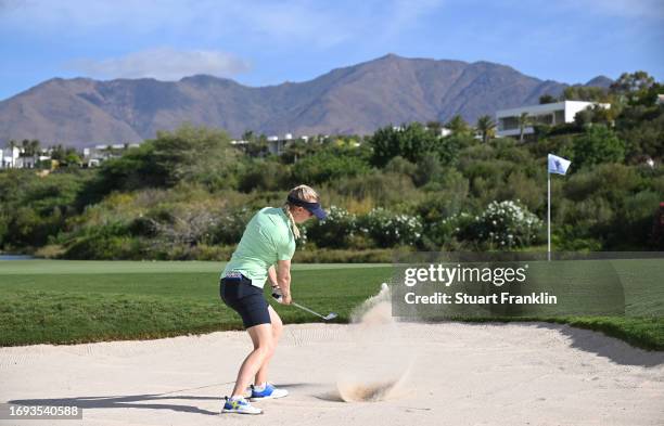 Madelene Sagstrom of team Europe plays a shot during practice prior to the The Solheim Cup at Finca Cortesin Golf Club on September 21, 2023 in...