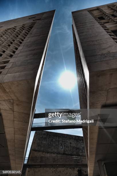 building in backlight seen from below, malta's parliament - modern malta stock pictures, royalty-free photos & images