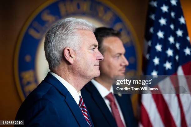 House Majority Whip Tom Emmer, R-Minn., left, and Rep. Michael Cloud, R-Texas, attend a news conference after a meeting of the House Republican...