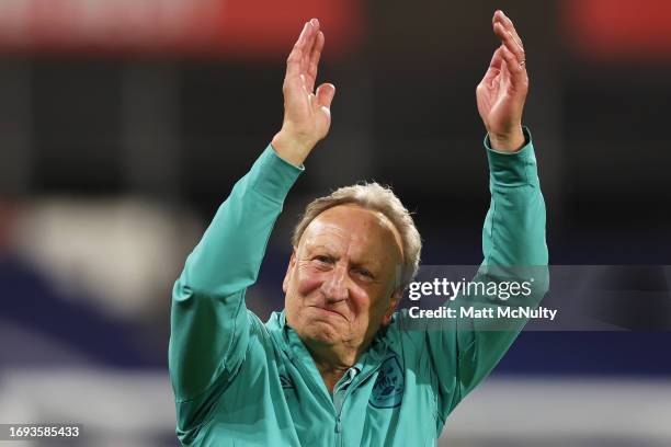 Neil Warnock, Manager of Huddersfield Town acknowledges the fans during the Sky Bet Championship match between Huddersfield Town and Stoke City at...