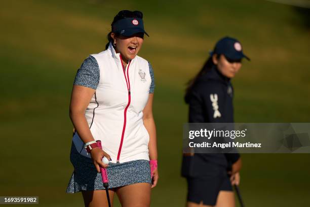 Lilia Vu of Team USA reacts during practice prior to the The Solheim Cup at Finca Cortesin Golf Club on September 21, 2023 in Casares, Spain.