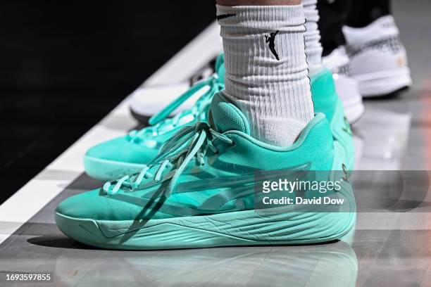 The sneakers of Breanna Stewart during round two game two of the 2023 WNBA playoffs on September 26, 2023 in Brooklyn, New York. NOTE TO USER: User...