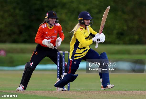 Chloe Hill of South East Stars bats during the Rachael Heyhoe Flint Trophy match between The Blaze and South East Stars at The County Ground on...