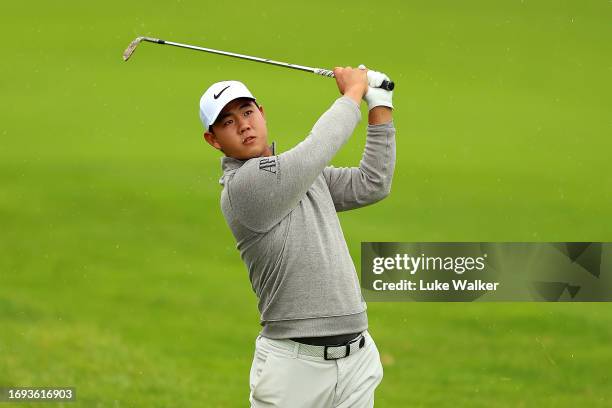 Tom Kim of South Korea plays a shot on the 9th hole during Day One of the Cazoo Open de France at Le Golf National on September 21, 2023 in Paris,...