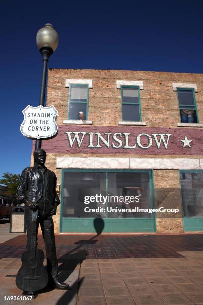 Downtown Winslow Arizona sculpture and mural tourist attraction paying tribute to a famous song of the Eagles Band.