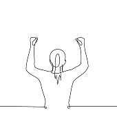 woman fan silhouette from the back stands with her fists raised - one line art vector. female fanaticism, female fan
