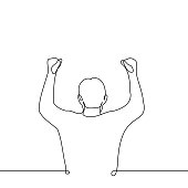 male fan silhouette from the back standing with his fists raised - one line art vector. concept of male fanaticism, male fan
