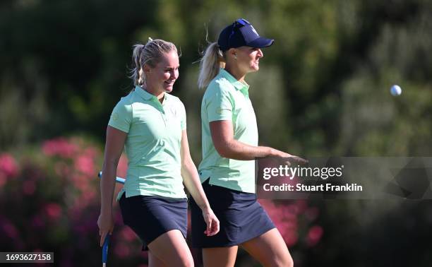 Charley Hull of team Europe and Anna Nordqvist during practice prior to the The Solheim Cup at Finca Cortesin Golf Club on September 21, 2023 in...