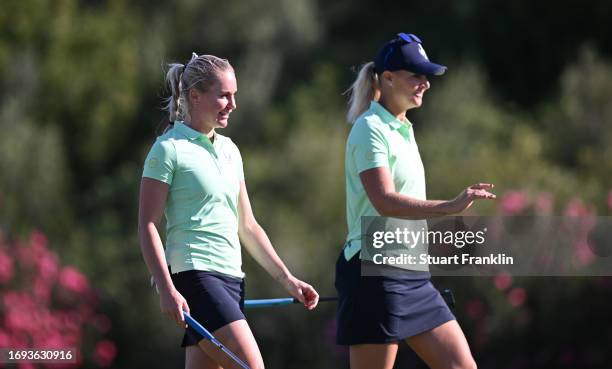 Charley Hull of team Europe and Anna Nordqvist during practice prior to the The Solheim Cup at Finca Cortesin Golf Club on September 21, 2023 in...