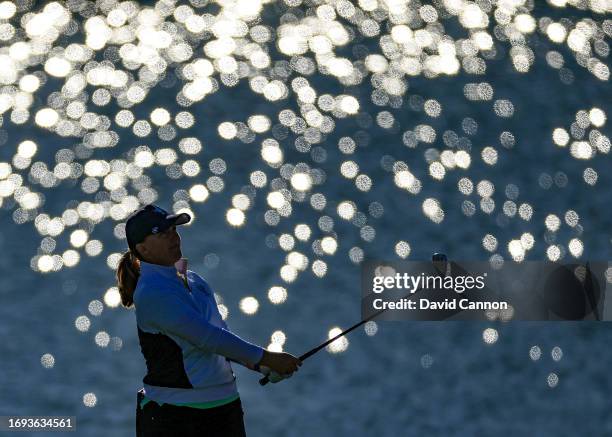 Gemma Dryburgh of Scotland and The European Team plays a shot in final practice prior to the The Solheim Cup at Finca Cortesin Golf Club on September...