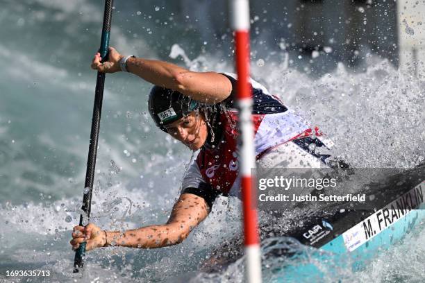 Mallory Franklin of Great Britain during the 2023 ICF Canoe Slalom World Championships Women's Kayak Heats at Lee Valley White Water Centre on...