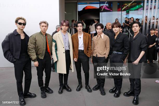 Enhypen band attend the Prada fashion show during the Milan Fashion Week Womenswear Spring/Summer 2024 on September 21, 2023 in Milan, Italy.
