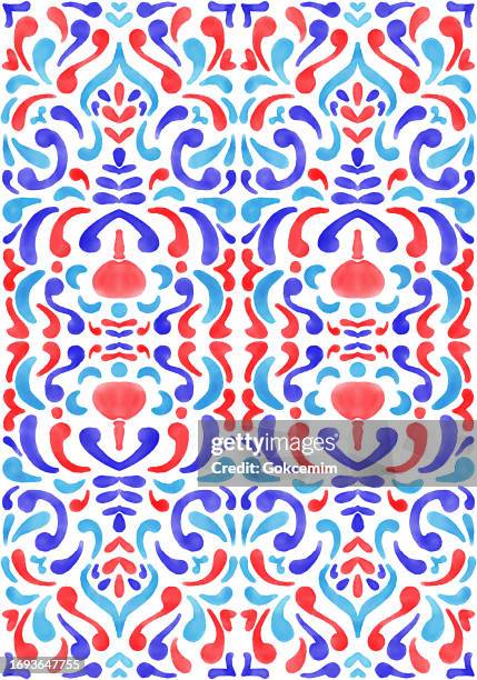 blue, red and turquoise colored portuguese azulejo seamless pattern. moroccan ceramic tile. vector lisbon arabic floral mosaic, mediterranean ornament. - ceramics stock illustrations