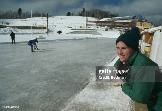 Retired speed skater Sheila Young-Ochowicz overlooks Lake Placid's new speed-skating oval, New York, February 20th 1978. The old 1932 Winter Olympics...