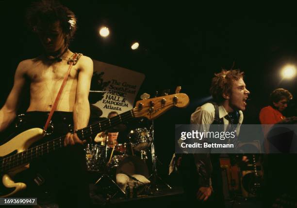 Bassist Sid Vicious, drummer Paul Cook, vocalist Johnny Rotten and guitarist Steve Jones of the Sex Pistols perform in their first North American...